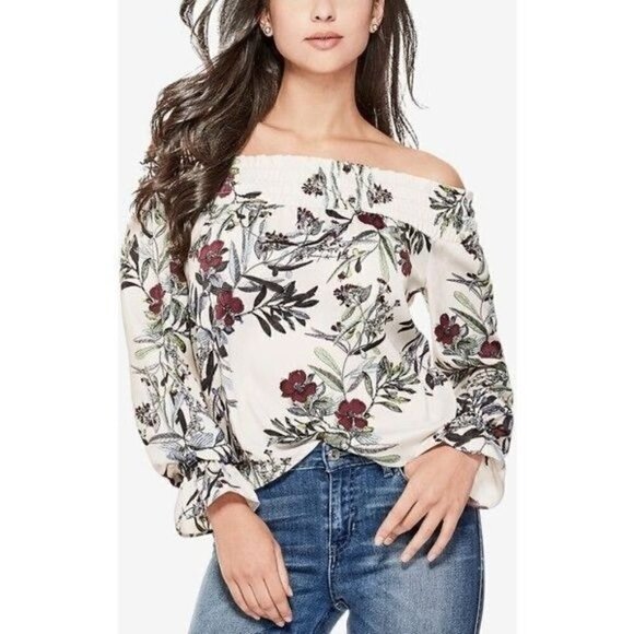 Guess Bethany Cream Floral Off Shoulder Trumpet Sleeve Blouse S - Picture 1 of 6